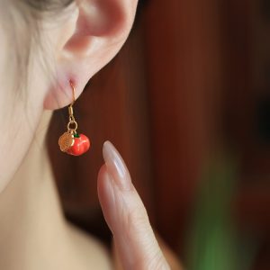 Chinese Style Persimmon-Shaped Silver Enamel Earrings for Women, Good Fortune Design, Red Stud and Drop Earrings