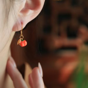 Chinese Style Persimmon-Shaped Silver Enamel Earrings for Women, Good Fortune Design, Red Stud and Drop Earrings