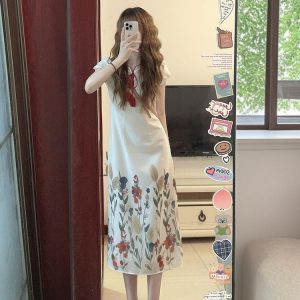 Chinese-Style Qipao Dress for Women, Vintage French Design, Niche Gentle Long Skirt for Summer, Elegant 90s Aesthetic