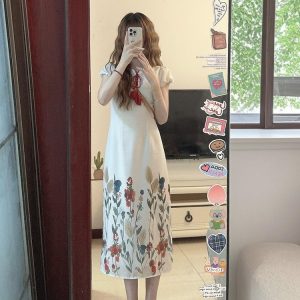 Chinese-Style Qipao Dress for Women, Vintage French Design, Niche Gentle Long Skirt for Summer, Elegant 90s Aesthetic
