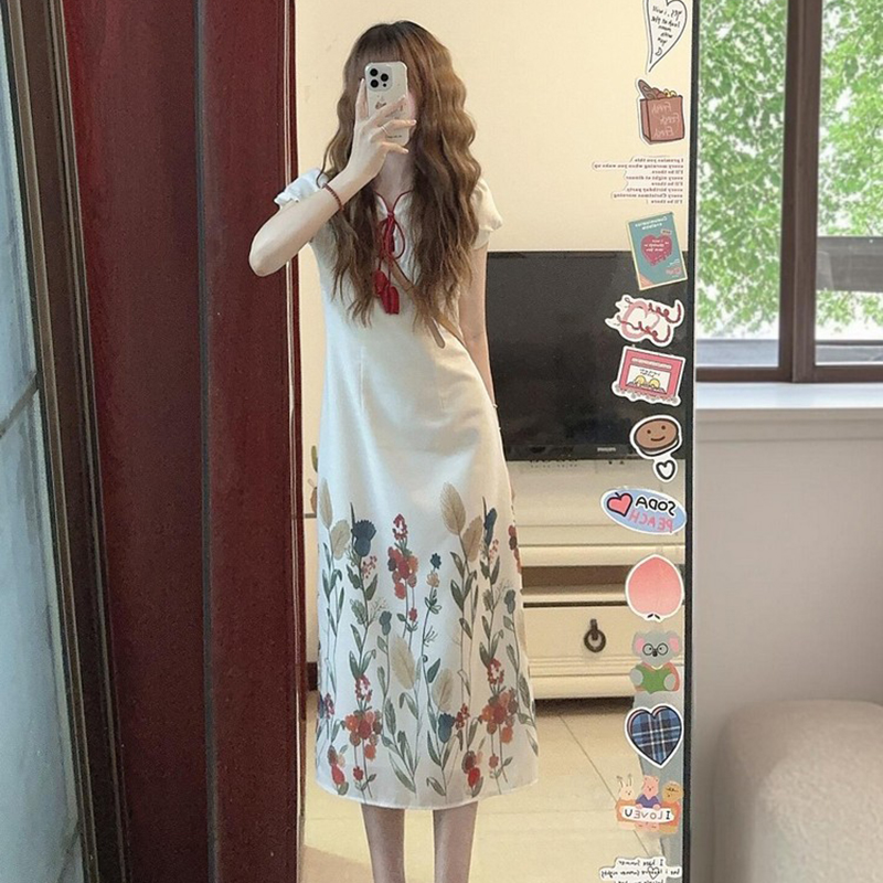 Chinese-Style Qipao Dress for Women, Vintage French Design, Niche Gentle Long Skirt for Summer, Elegant 90s Aesthetic