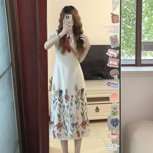 Chinese-Style Qipao Dress for Women, Vintage French Design, Niche Gentle Long Skirt for Summer, Elegant 90s Aesthetic