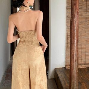 Chinese-Style Retro High-End Summer Two-Piece Suit: Neck-Hanging Top & Wide-Leg Pants Set for Effortless Chic