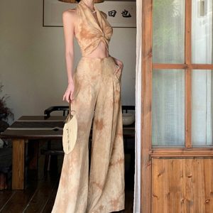 Chinese-Style Retro High-End Summer Two-Piece Suit: Neck-Hanging Top & Wide-Leg Pants Set for Effortless Chic
