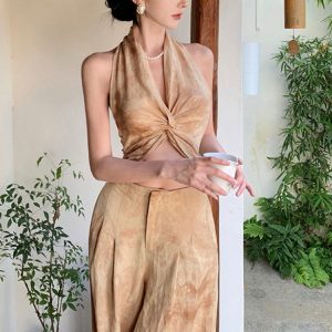 Chinese-Style Retro High-End Summer Two-Piece Suit: Neck-Hanging Top & Wide-Leg Pants Set for Effortless Chic