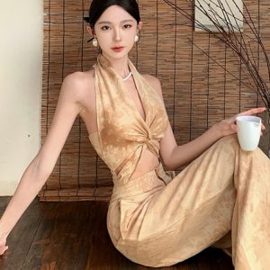 Chinese-Style Retro High-End Summer Two-Piece Suit: Neck-Hanging Top & Wide-Leg Pants Set for Effortless Chic