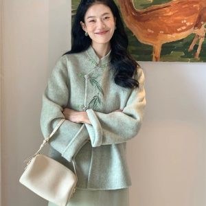 Chinese-Style Reversible Cashmere Short Coat & Woolen Skirt Two-Piece Set for Women - Autumn Winter Fashion 2023