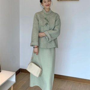 Chinese-Style Reversible Cashmere Short Coat & Woolen Skirt Two-Piece Set for Women - Autumn Winter Fashion 2023
