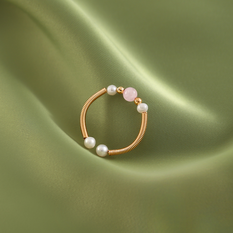 Chinese-Style Strawberry Crystal Pearl Handmade Ring for Women, Adjustable Open Finger Design, Light Luxury High-End Feel