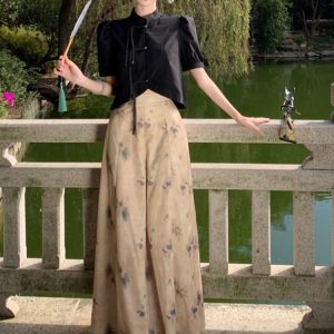 Chinese-Style Two-Piece Set: Women's Spring Shirt with Wide-Leg Pants, National Wind Outfit for Summer Fashion