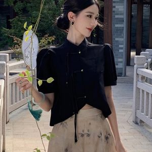 Chinese-Style Two-Piece Set: Women's Spring Shirt with Wide-Leg Pants, National Wind Outfit for Summer Fashion