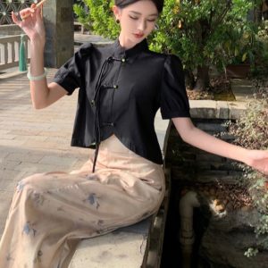 Chinese-Style Two-Piece Set: Women's Spring Shirt with Wide-Leg Pants, National Wind Outfit for Summer Fashion