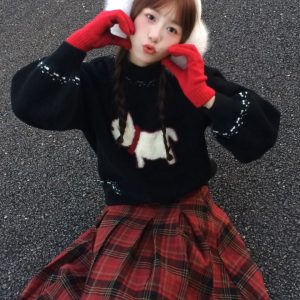 Christmas Puppy Black Knitted Sweater for Women - Vintage Jacquard Pullover, Loose Fit, Cozy Autumn Winter 2023 Style