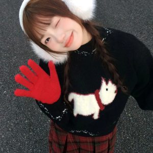Christmas Puppy Black Knitted Sweater for Women - Vintage Jacquard Pullover, Loose Fit, Cozy Autumn Winter 2023 Style