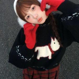 Christmas Puppy Black Knitted Sweater for Women - Vintage Jacquard Pullover, Loose Fit, Cozy Autumn Winter 2023 Style