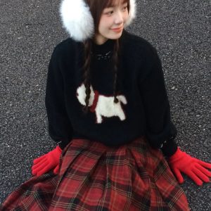 Christmas Puppy Black Knitted Sweater for Women - Vintage Jacquard Pullover, Loose Fit, Cozy Autumn Winter 2023 Style