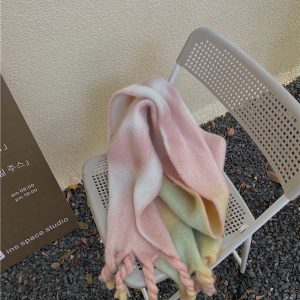 Chunky Braided Gradient Pink Scarf for Women - Oversized Mohair Blend Winter Warm Neck Wrap