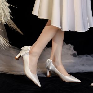 Chunky Heel Bowknot French Bridal Wedding Shoes - Comfortable Luxury Style for 2025