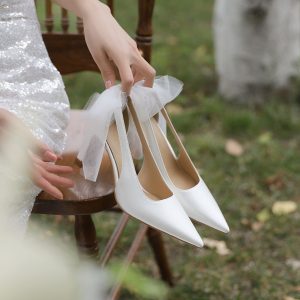 Chunky Heel Bridal Gown Wedding Shoes in French Satin with Bow Design - Comfortable High-End Style for Everyday Wear