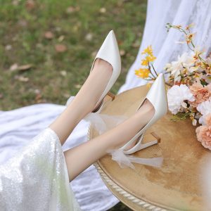 Chunky Heel Bridal Gown Wedding Shoes in French Satin with Bow Design - Comfortable High-End Style for Everyday Wear