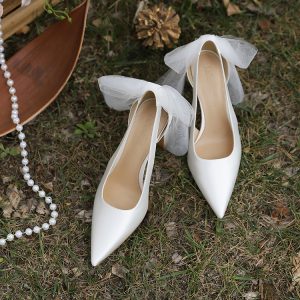 Chunky Heel Bridal Gown Wedding Shoes in French Satin with Bow Design - Comfortable High-End Style for Everyday Wear