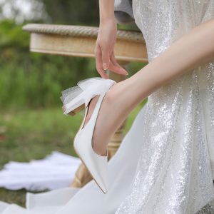 Chunky Heel Bridal Gown Wedding Shoes in French Satin with Bow Design - Comfortable High-End Style for Everyday Wear