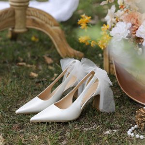 Chunky Heel Bridal Gown Wedding Shoes in French Satin with Bow Design - Comfortable High-End Style for Everyday Wear