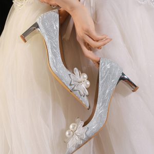Chunky Heel Wedding Shoes with French Crystals - Stunning High Heels for Brides, Two-in-One Design for Comfort and Daily Wear