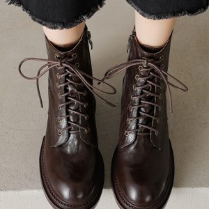 Chunky-Heeled Lace-Up Martin Boots for Women - Handcrafted Sheepskin, Short Thick-Soled Design, Versatile Spring & Autumn Footwear