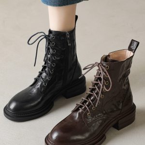 Chunky-Heeled Lace-Up Martin Boots for Women - Handcrafted Sheepskin, Short Thick-Soled Design, Versatile Spring & Autumn Footwear