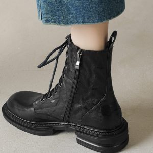 Chunky-Heeled Lace-Up Martin Boots for Women - Handcrafted Sheepskin, Short Thick-Soled Design, Versatile Spring & Autumn Footwear