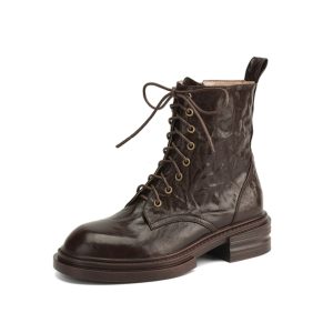 Chunky-Heeled Lace-Up Martin Boots for Women - Handcrafted Sheepskin, Short Thick-Soled Design, Versatile Spring & Autumn Footwear