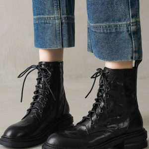Chunky-Heeled Lace-Up Martin Boots for Women - Handcrafted Sheepskin, Short Thick-Soled Design, Versatile Spring & Autumn Footwear