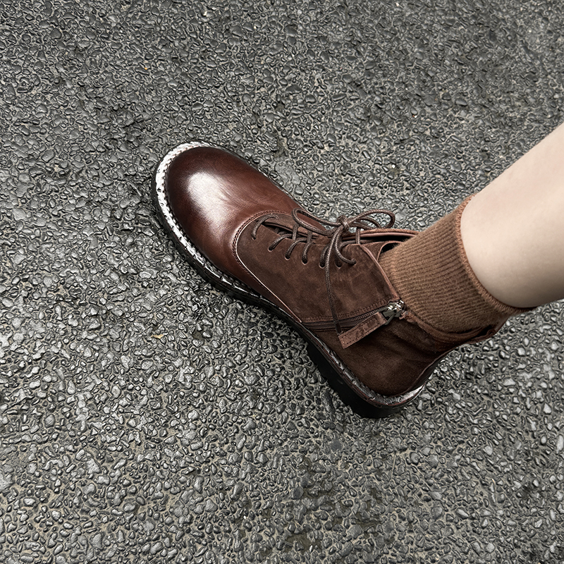 Chunky-Heeled Lace-Up Martin Boots for Women - Water-Washed Cowhide, Thick-Soled British Style Short Boots with Patchwork - 2024 Autumn/Winter