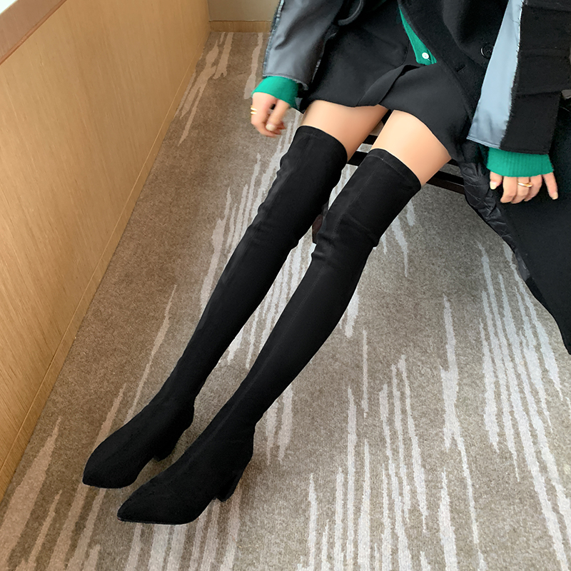 Chunky Heeled Pointed Toe Over-the-Knee Boots for Women - Mid-Heel Genuine Leather Stretchy Long Boots for Leg-Lengthening Style