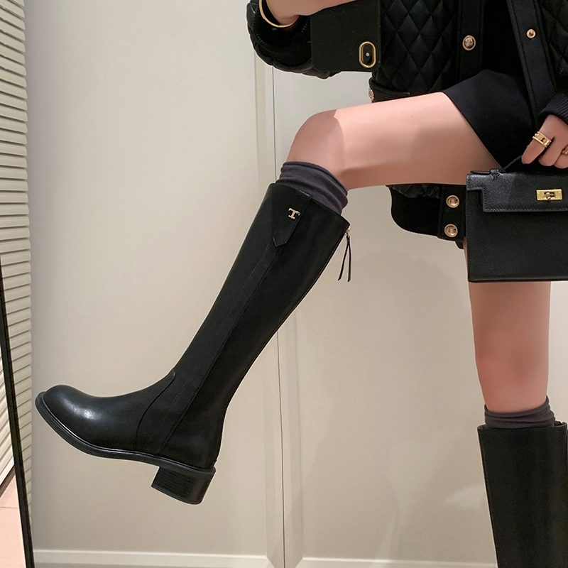 Chunky-Heeled Round-Toe Genuine Leather Riding Boots with Metal Buckle - Women's High Slim Long Boots for Autumn/Winter 2024