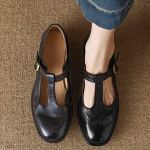 Chunky Low Heel T-Strap French Mary Jane Shoes for Women, Retro Genuine Leather, Shallow Mouth, British Style, Vintage-Inspired Flat Shoes