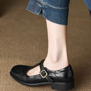 Chunky Low Heel T-Strap French Mary Jane Shoes for Women, Retro Genuine Leather, Shallow Mouth, British Style, Vintage-Inspired Flat Shoes
