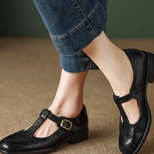 Chunky Low Heel T-Strap French Mary Jane Shoes for Women, Retro Genuine Leather, Shallow Mouth, British Style, Vintage-Inspired Flat Shoes
