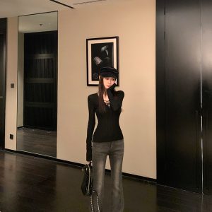 Classic American Fleece-Lined Flared Jeans for Women - Vintage Floor-Length Peach Butt Style, Supermodel Proportions, Y2K Fashion
