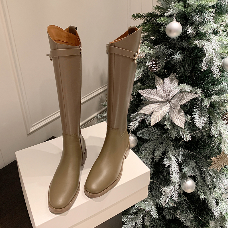 Classic Versatile Flat Genuine Leather Knee-High Riding Boots for Women - Slimming Over-the-Knee Style, Autumn Winter 2023 Fashion