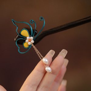 Classical Chinese Style Butterfly Hairpin with Step-Shake Tassel, Wooden Qipao Hairpin for Bun, Black Sandalwood Accessory