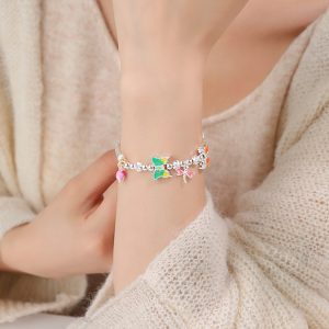 Classy Chinese-Style Enamel Butterfly Bracelet for Women, 925 Sterling Silver Bangle, Elegant Hand Accessory