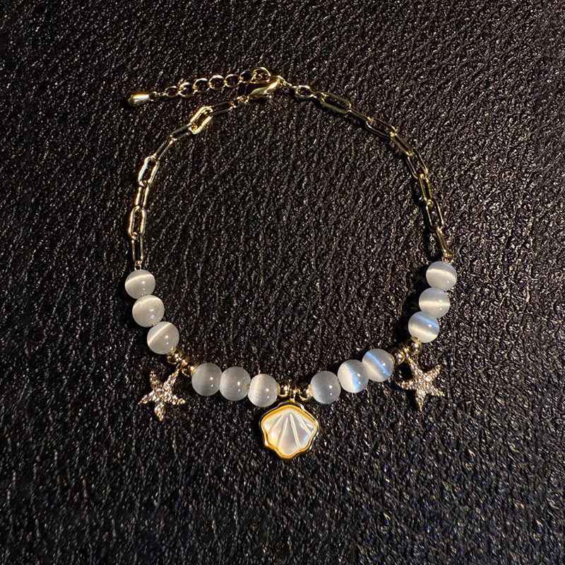 Classy French Starfish Shell Cat's Eye Bead Bracelet - High-End Women's Jewelry Accessory for Elegant Style