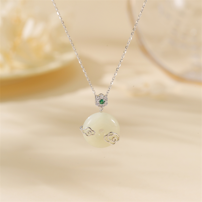 Classy Natural Hetian Jade Peace Buckle Necklace for Women with Blue and White Porcelain and Silver Collarbone Chain, Elegant Jewelry