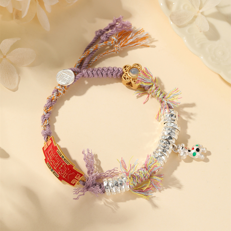 Classy S925 Pure Silver Fortune Pendant Bracelet for Women - Chinese Style Colorful Hand Rope Jewelry