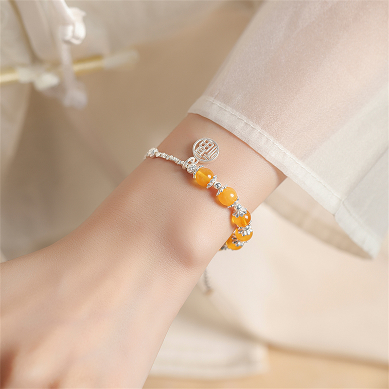 Classy Silver Coin Blessing Pendant Beeswax Bracelet for Women - High-End Pure Silver Decorative Jewelry Piece