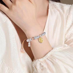 Classy Sterling Silver Bracelet for Women with Yellow财神 Woven Cord Ornament - Elegant Fashion Accessory
