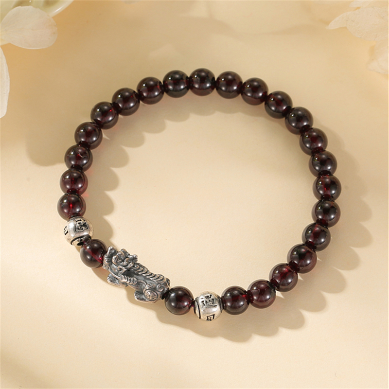 Classy Sterling Silver Pixiu Bracelet for Women with Natural Garnet Lucky Beads - Elegant Feng Shui Jewelry