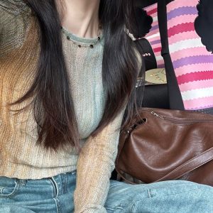 Coffee Green Vertical Striped Color-Block Long Sleeve Sweater for Women – Slim Fit Gradient Tie-Dye Korean Style Top for Early Autumn